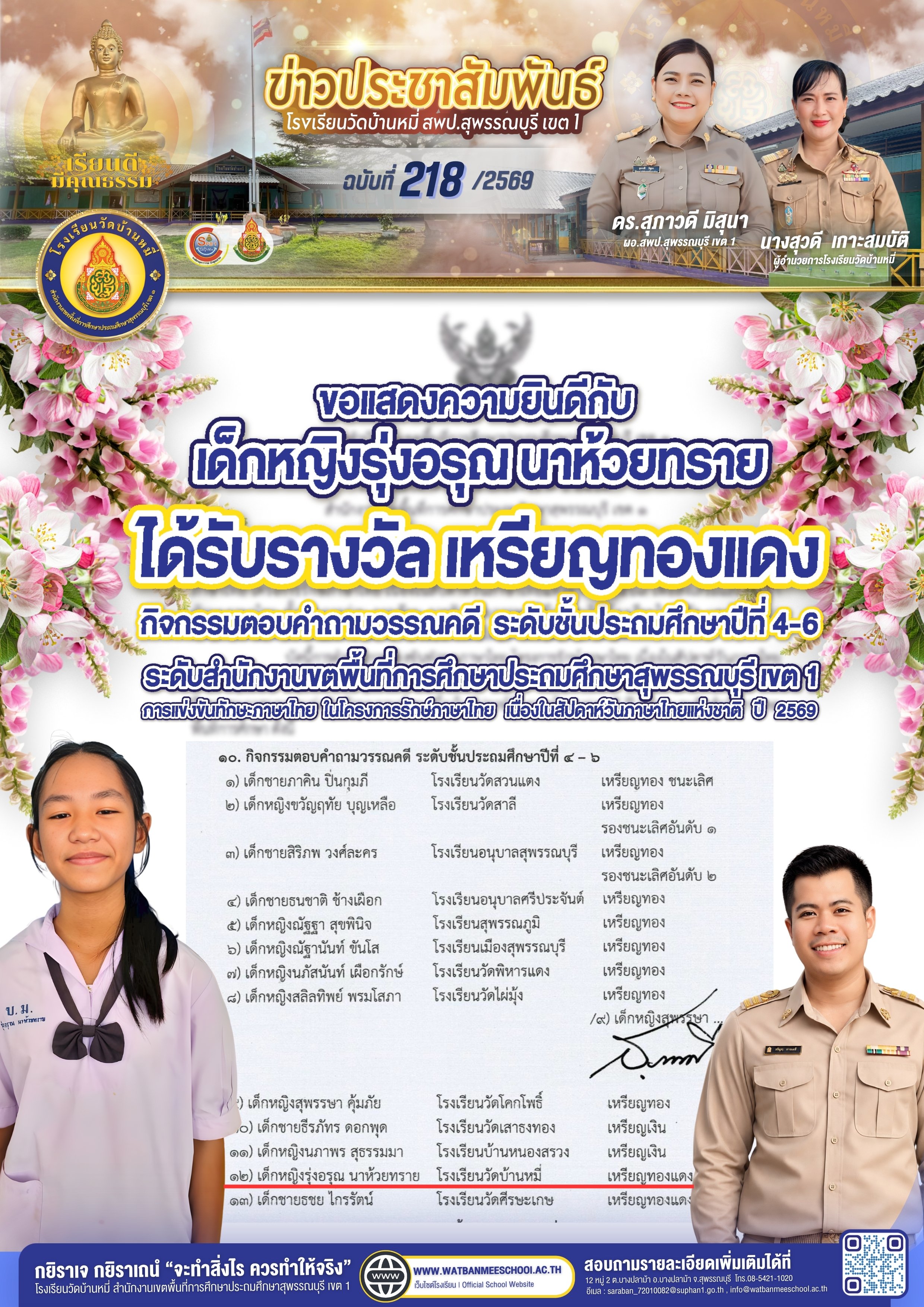 เด็กหญิงรุ่งอรุณ นาห้วยทราย ได้รับรางวัลเหรียญทองแดง การตอบคำถามวรรณคดี ป.4-6 ระดับเขตพื้นที่การศึกษา
