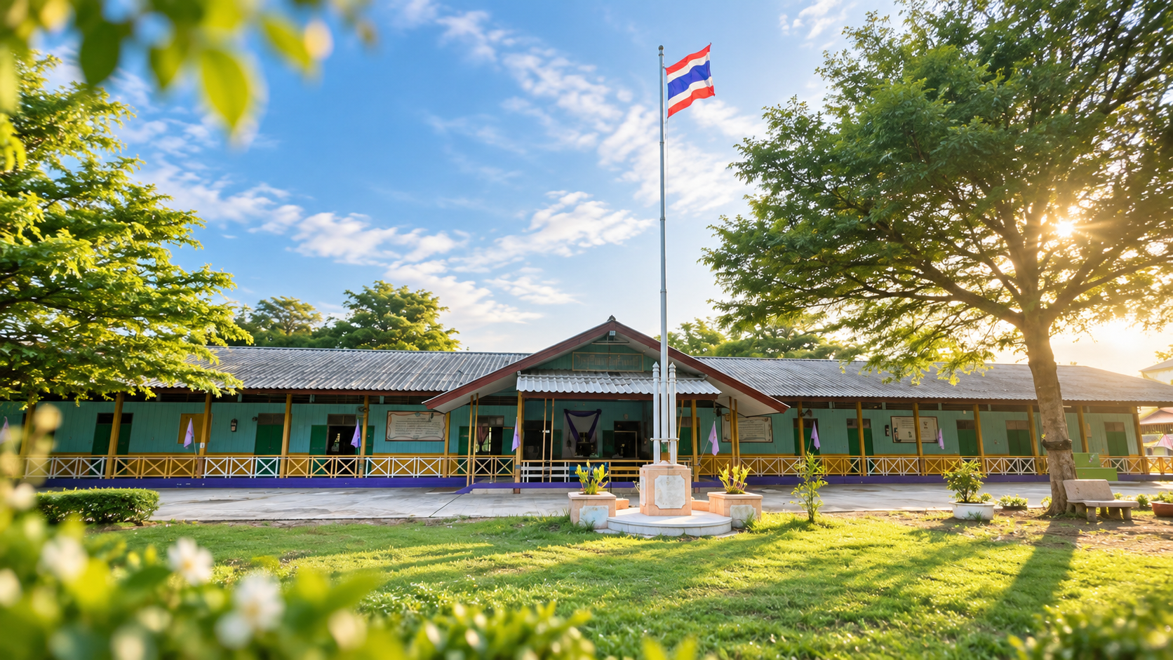 อาคารเรียนและเสาธงโรงเรียนวัดบ้านหมี่