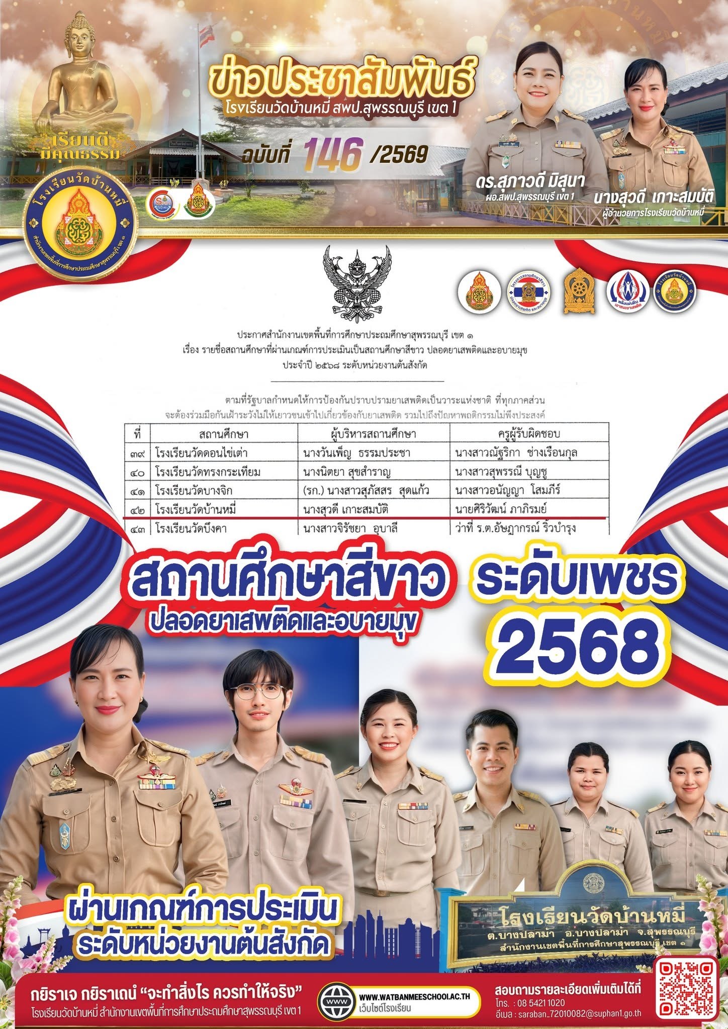 ภาพข่าว ผ่านเกณฑ์การประเมินเป็นสถานศึกษาสีขาว ปลอดยาเสพติดและอบายมุข ปีการศึกษา 2568 ระดับเพชร ระดับหน่วยงานต้นสังกัด